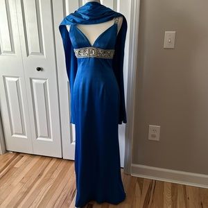 Stunning prom gown with beading, has train skirt which is busted in photo, scarf